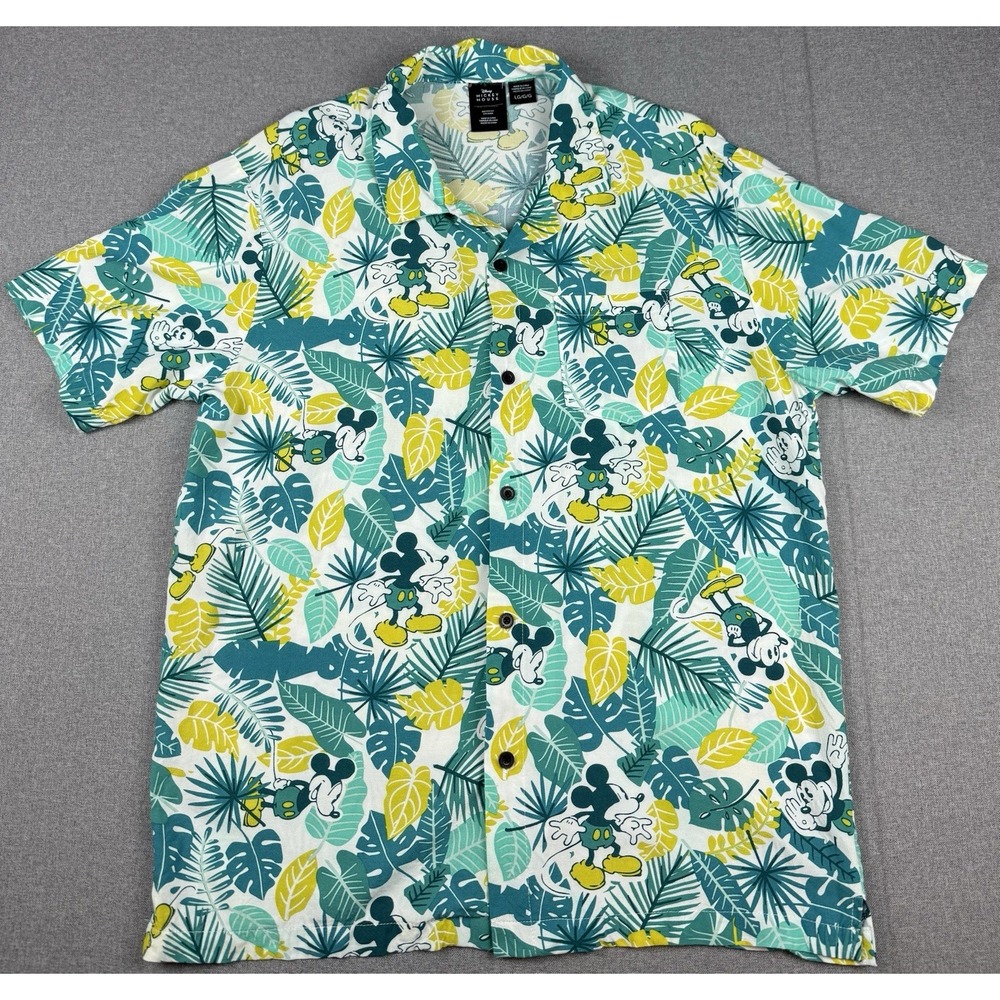 Disney Mickey Mouse Mens L Hawaiian Shirt Tropical Aloha Rayon Camp Button Up